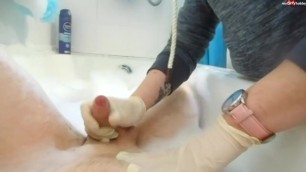 Bathtub latex glove handjob