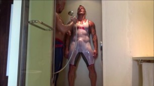 wet spandex shower fuck in a hotel room