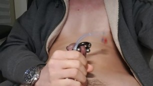 Guy with pierced cock cums, catheter inside pierced cock