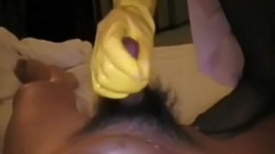 Asian Nurse in Yellow Rubber Gloves gives a Handjob