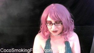smoking with pink hair and green lingerie