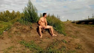 Walking nude outdoors and jerk off