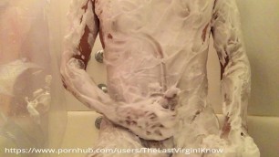 The best a horny boy can get, jerking off covered in shaving cream