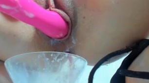 Dripping pussy grool, squirting and pissing UP CLOSE and in a glass