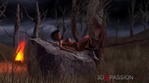 Wood goblin and attractive fitness woman. 3D animation