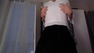 Secretary crossdresser teasing and masturbating in a cute skirt and blouse