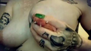 tattooed hottie, pierced tits squirting milk, lactation fetish