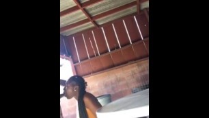 Ebony teen gives top outside while her parents are away