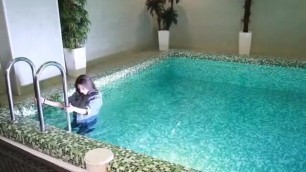 Denim girl in pool