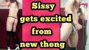 Sissy Crossdresser new thong, + nylons dances and masturbates small penis