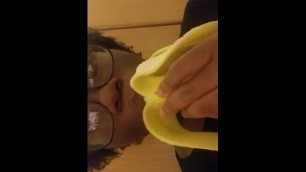 Dark skin college teen deep throat a banana